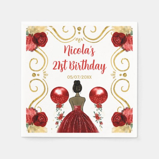 Verjaardagsfeest Donkere Huid Prinses in Rood Servet (Voorkant)