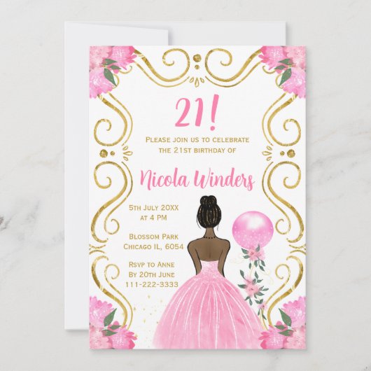 Verjaardagsfeest Donkere Huid Prinses in Roze Kaart (Voorkant)