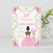 Verjaardagsfeest Donkere Huid Prinses in Roze Kaart (Staand voorkant)