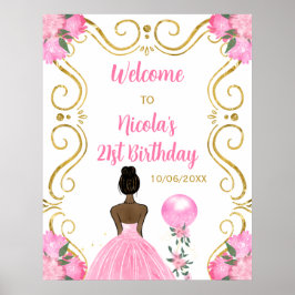 Verjaardagsfeest Donkere huid Prinses Roze Welkom Poster
