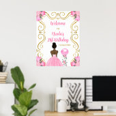 Verjaardagsfeest Donkere huid Prinses Roze Welkom Poster (Thuiskantoor)