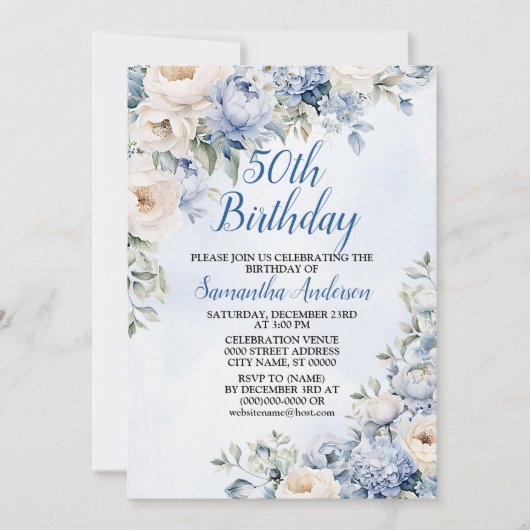 Verjaardagsfeest Dusty Blue Waterverf Ivoorbloemen Kaart (Voorkant)