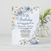 Verjaardagsfeest Dusty Blue Waterverf Ivoorbloemen Kaart (Staand voorkant)