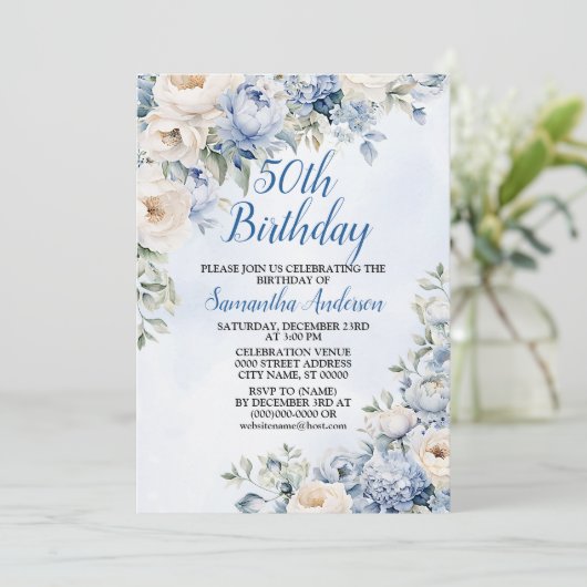 Verjaardagsfeest Dusty Blue Waterverf Ivoorbloemen Kaart (Staand voorkant)