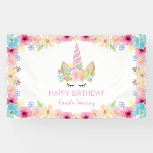 Verjaardagsfeest Eenhoorn Bloemen Magisch en Kleur Spandoek (Horizontaal)