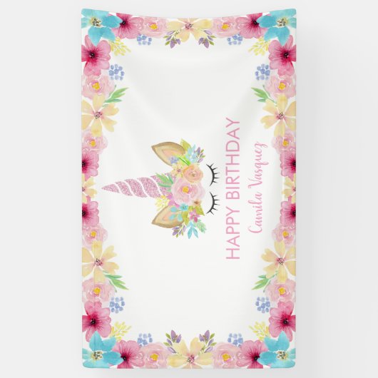 Verjaardagsfeest Eenhoorn Bloemen Magisch en Kleur Spandoek (Verticaal)