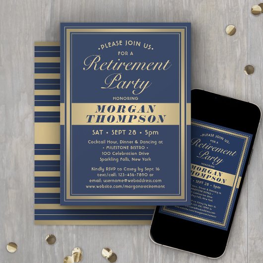 Verjaardagsfeest Elegant Navyblauw en Goud Schrift Kaart