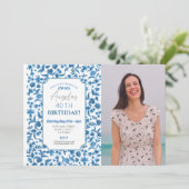 Verjaardagsfeest Foto Blauw & Wit Bloemen Ditsy Kaart (Staand voorkant)