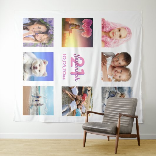 Verjaardagsfeest foto collage wit roze wandkleed (In Situ (horizontaal))