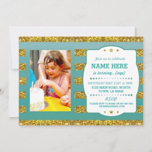 Verjaardagsfeest Foto Gold Glitter Stripe Uitnodig Kaart (Voorkant)