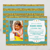 Verjaardagsfeest Foto Gold Glitter Stripe Uitnodig Kaart (Voorkant / Achterkant)