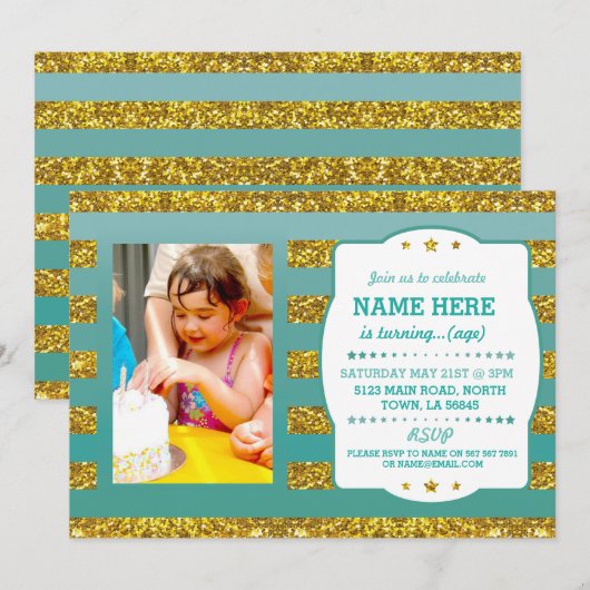 Verjaardagsfeest Foto Gold Glitter Stripe Uitnodig Kaart (Voorkant / Achterkant)
