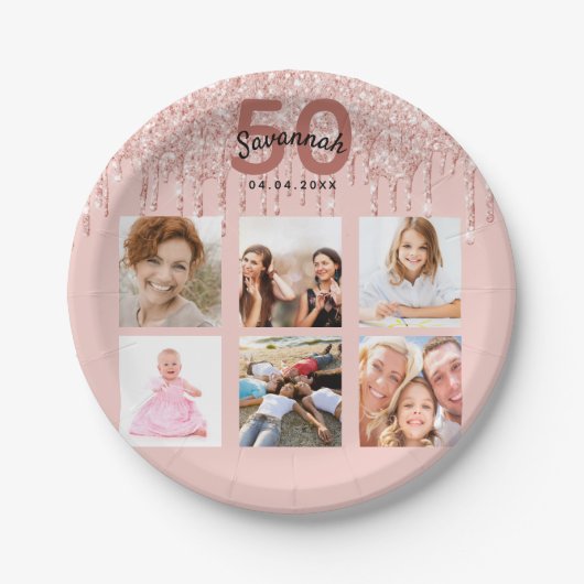 Verjaardagsfeest foto roos goud roze papieren bordje (Voorkant)