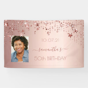 Verjaardagsfeest foto roos gouden roze sterren spandoek