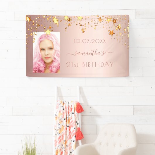 Verjaardagsfeest foto roos gouden roze sterren spandoek (Insitu)