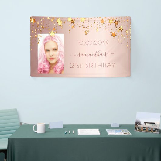 Verjaardagsfeest foto roos gouden roze sterren spandoek (Beurs)