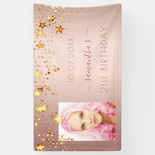 Verjaardagsfeest foto roos gouden roze sterren spandoek (Verticaal)