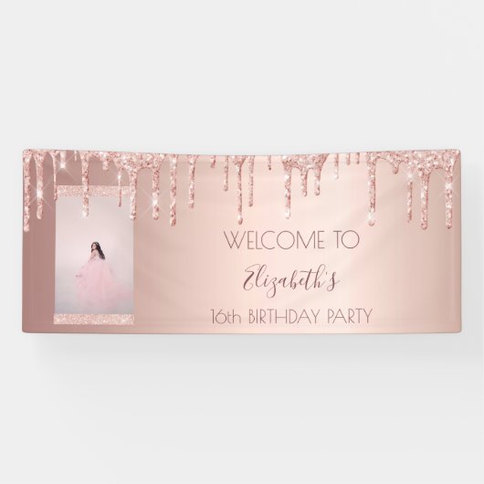 Verjaardagsfeest foto roos gouden welkom spandoek (Horizontaal)