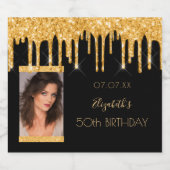 Verjaardagsfeest foto zwart goud glitter sparkling wijnetiket (Enkel label)