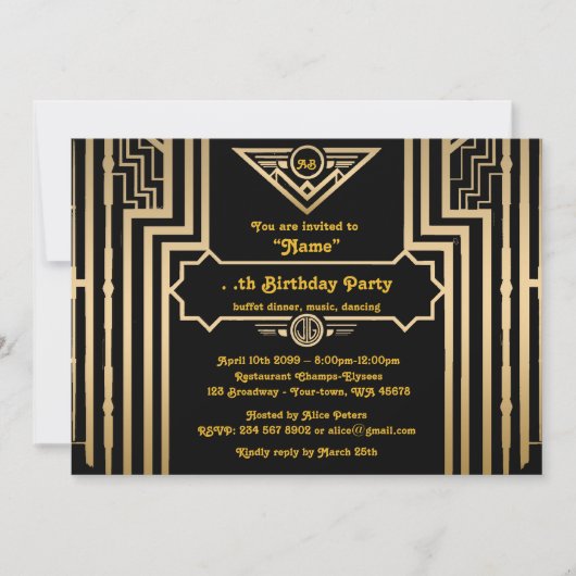 Verjaardagsfeest, Gatsby stijl, Art-Deco, goud & z Kaart (Voorkant)