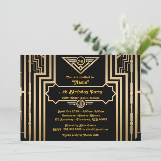 Verjaardagsfeest, Gatsby stijl, Art-Deco, goud & z Kaart (Staand voorkant)