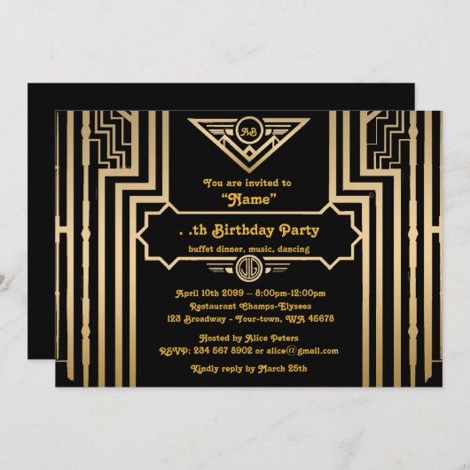 Verjaardagsfeest, Gatsby stijl, Art-Deco, goud & z Kaart (Voorkant / Achterkant)