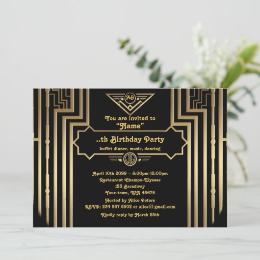 Verjaardagsfeest, Gatsby stijl, Art-Deco, goud zwa Kaart (Staand voorkant)