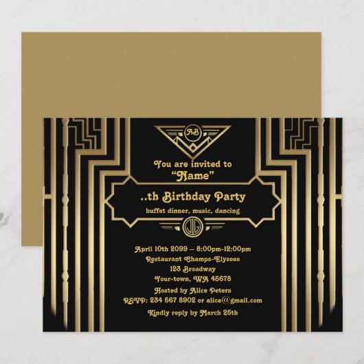 Verjaardagsfeest, Gatsby stijl, Art-Deco, goud zwa Kaart (Voorkant / Achterkant)