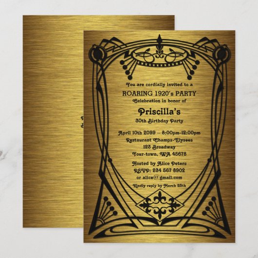 Verjaardagsfeest, Gatsby-stijl, goud, zwart, monog Kaart (Voorkant / Achterkant)