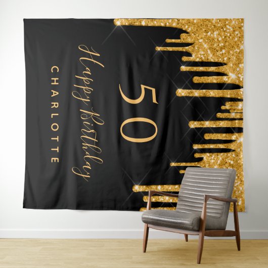Verjaardagsfeest glitters zwart goud glans glamour wandkleed (In Situ (horizontaal))