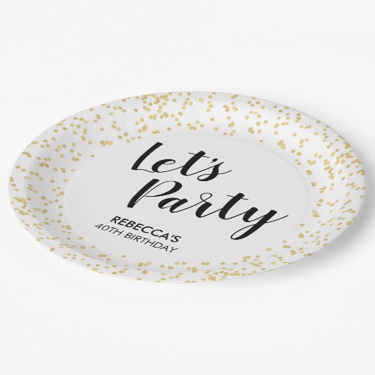 Verjaardagsfeest Gold Faux Folie Confetti Let's Pa Papieren Bordje (Gekanteld)