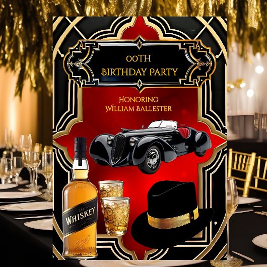 Verjaardagsfeest Gold Red Black 1930s Car Whiskey Kaart