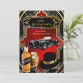 Verjaardagsfeest Gold Red Black 1930s Car Whiskey Kaart (Staand voorkant)