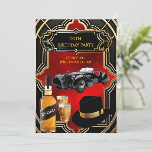 Verjaardagsfeest Gold Red Black 1930s Car Whiskey Kaart (Staand voorkant)
