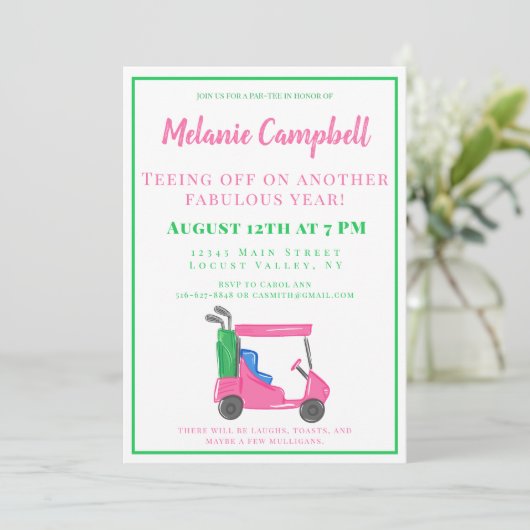 Verjaardagsfeest Golfer Golf Preppy Roze Golfkar Kaart (Staand voorkant)