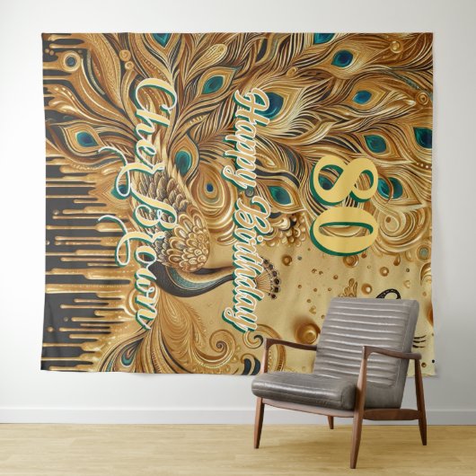 Verjaardagsfeest Goud Druppelend | Glitter Pauw Wandkleed (In Situ (horizontaal))