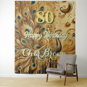 Verjaardagsfeest Goud Druppelend   Glitter Pauw Wandkleed