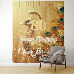 Verjaardagsfeest Goud Druppelend   Glitter Pauw Wandkleed