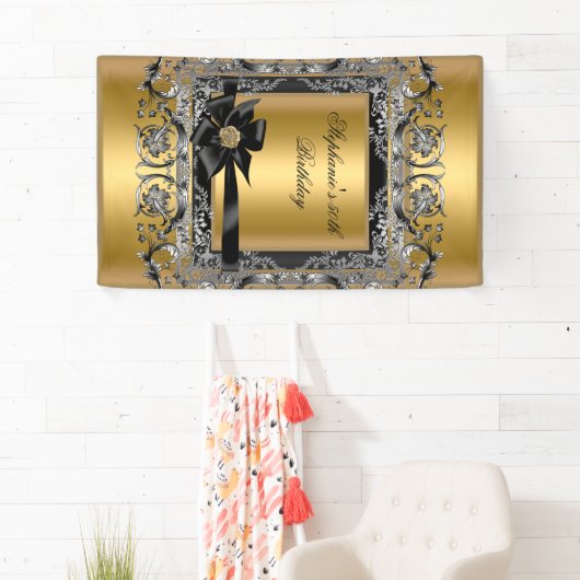 Verjaardagsfeest Goud Zilver Zwarte Boog Spandoek (Insitu)