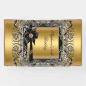 Verjaardagsfeest Goud Zilver Zwarte Boog Spandoek (Horizontaal)