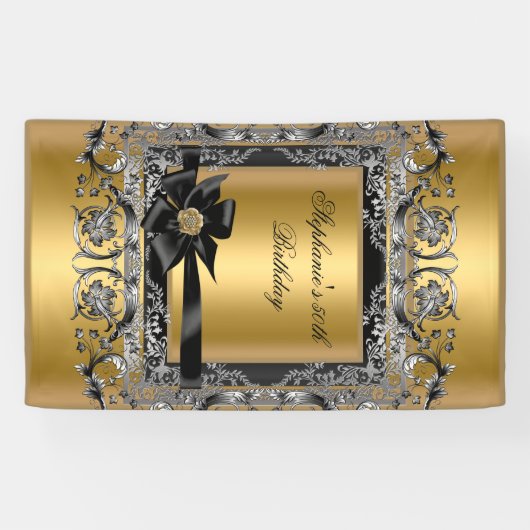 Verjaardagsfeest Goud Zilver Zwarte Boog Spandoek (Horizontaal)