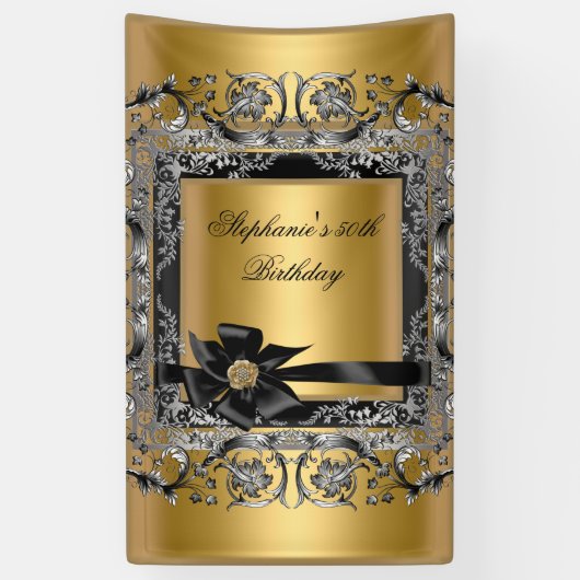 Verjaardagsfeest Goud Zilver Zwarte Boog Spandoek (Verticaal)