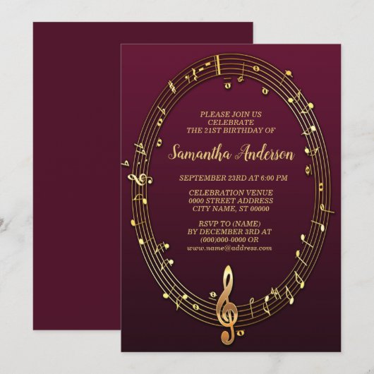 Verjaardagsfeest Gouden Muzieknoten Roze Bourgondi Kaart (Voorkant / Achterkant)