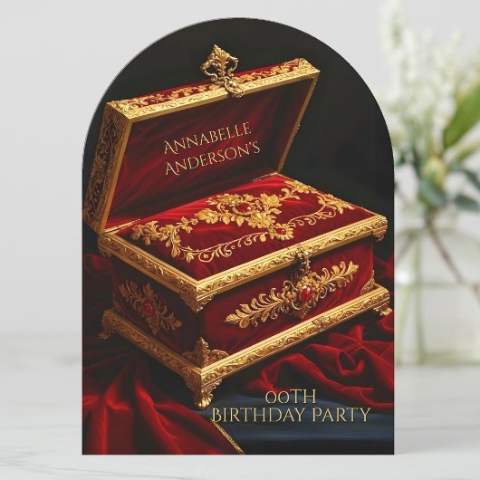 Verjaardagsfeest  gouden rode juwelendoos kaart