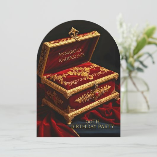 Verjaardagsfeest  gouden rode juwelendoos kaart (Staand voorkant)