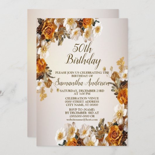 Verjaardagsfeest Gouden Sinaasappel Wit Bloemen Ru Kaart (Voorkant / Achterkant)