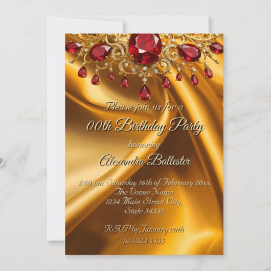 Verjaardagsfeest Gouden Zijde Ruby Rood juweel Kaart (Achterkant)