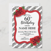 Verjaardagsfeest Grijs Rood Rozen Zilver Glitter 6 Kaart (Voorkant)