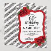 Verjaardagsfeest Grijs Rood Rozen Zilver Glitter 6 Kaart (Voorkant / Achterkant)