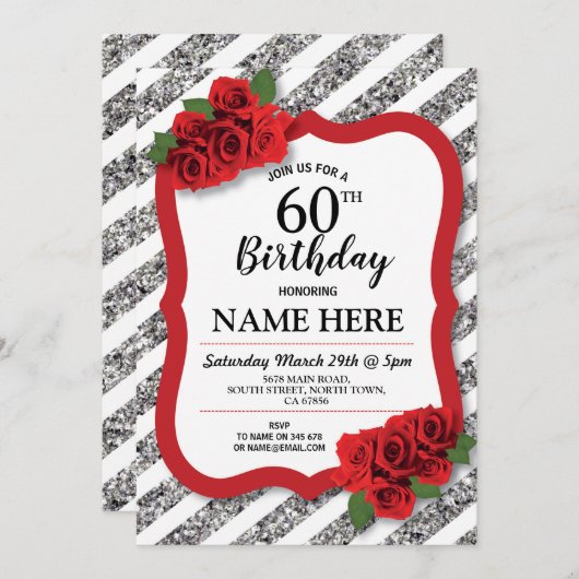 Verjaardagsfeest Grijs Rood Rozen Zilver Glitter 6 Kaart (Voorkant / Achterkant)